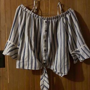 White and blue cropped off shoulder shirt